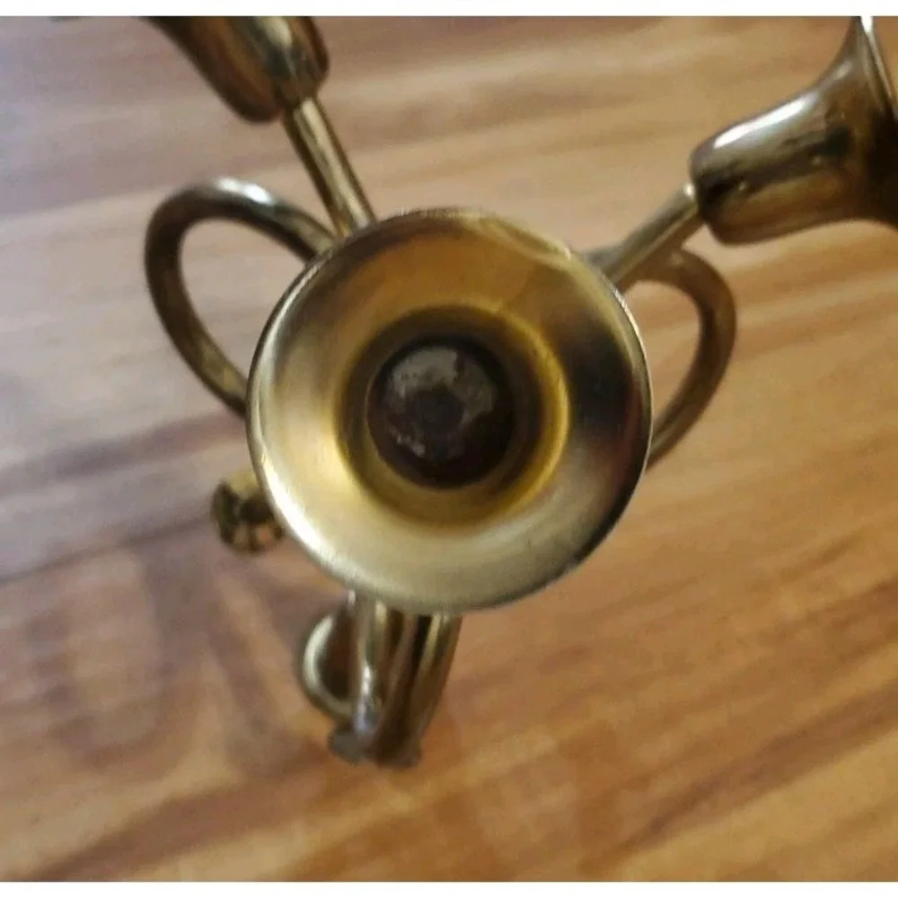 Tripple French Horn Brass‎ Taper Candle Holder Thanksgiving Christmas Holiday
